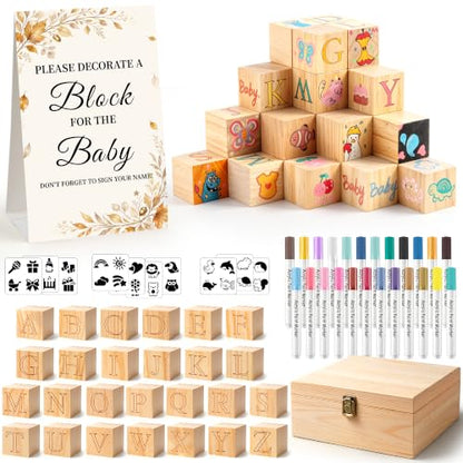 Baby Shower Games Kit with Templates and Wooden Blocks - Gold & E+ Variation