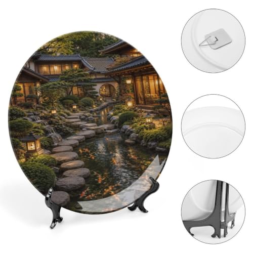 Night Japanese Garden Koi Pond Bone China Decorative Plate with Stand & Wall Hook - 8 Inch