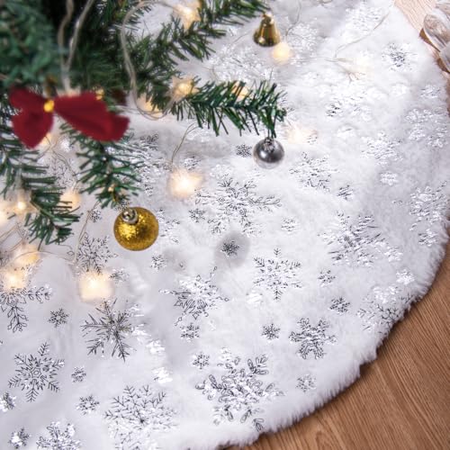 Christmas Tree Skirt 36 Inch Silver Snowflake Faux Fur Winter Decor - Fits Large Artificial Trees