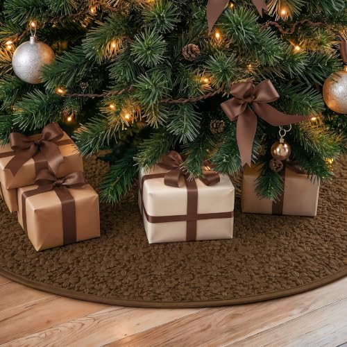 Christmas Embossing Tree Skirt Rug 48 Inch Brown with Floral Pattern - Chocolate Brown