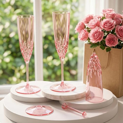 Pink Plastic Champagne Flutes Set 48pcs Detachable 3.7oz Bulk Party Glasses