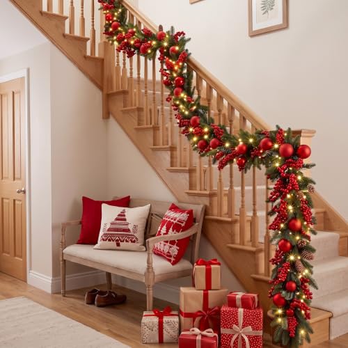 6ft LED Prelit Christmas Garland with Burgundy & Rustic Variations