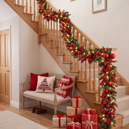 6ft LED Prelit Christmas Garland with Burgundy & Rustic Variations