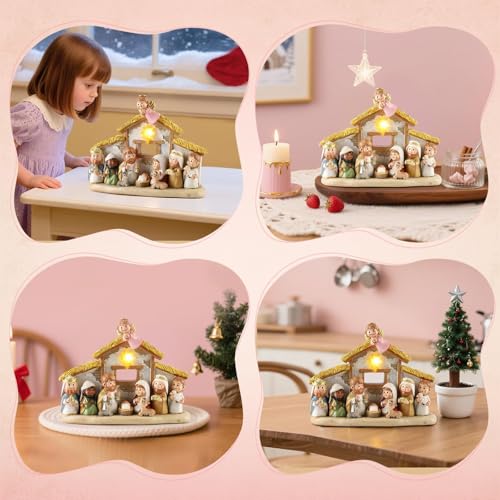 Nativity Scene Set with Praying Angel and LED Lights - 8 Inch Holy Family Statue with Multicolor Stable Variation