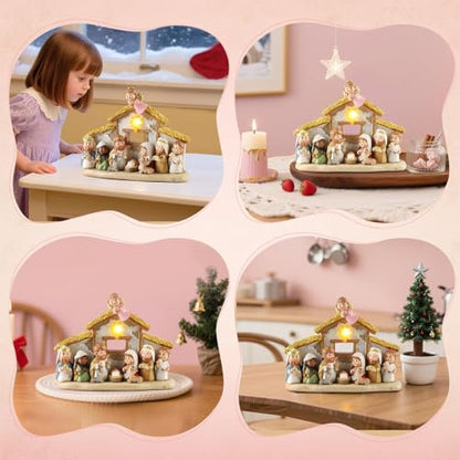 Nativity Scene Set with Praying Angel and LED Lights - 8 Inch Holy Family Statue with Multicolor Stable Variation
