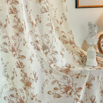 Taupe Vintage Floral Linen Curtains - 52W x 84L Inches, Pack of 2, Semi Sheer