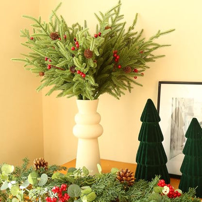 24 Pack Norfolk Pine Stems with Cone and Red Berry - Artificial Holiday Greenery