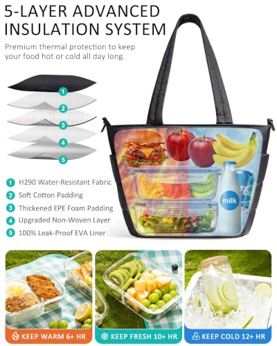 Puffy Insulated Lunch Tote Bag for Women with Multiple Pockets - Black