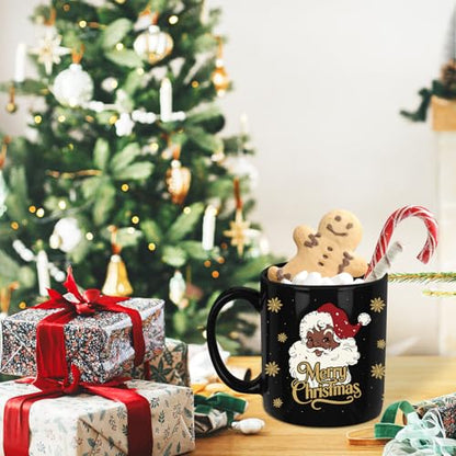 Black Santa Christmas Mug - 11oz Holiday Coffee Cup, Funny Xmas Drinking Cup