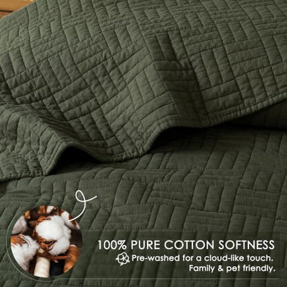 Light Green Cotton Quilt Set Queen Size 3 Pieces - Textured Rustic Bedding