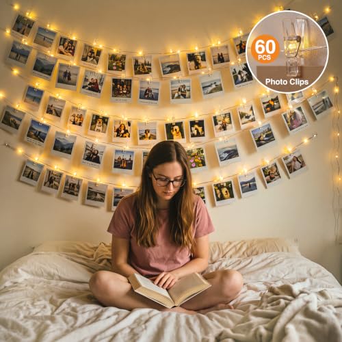 LED Photo Clip String Lights 33ft Warm White Battery Operated with 60 Clips