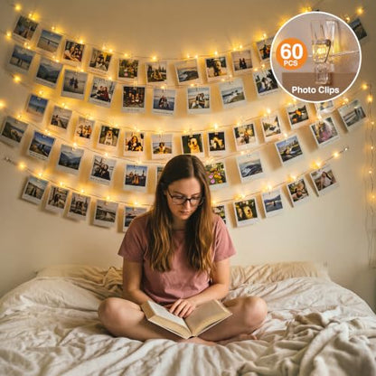 LED Photo Clip String Lights 33ft Warm White Battery Operated with 60 Clips