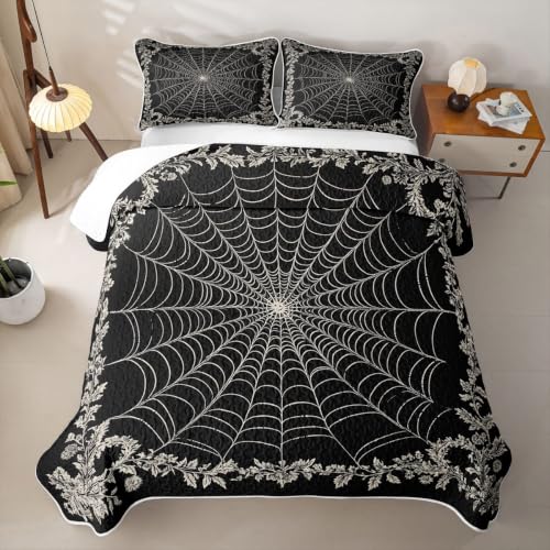 Halloween Spider Web Lace Quilt Set Black Grey Twin Size All Season Bedding