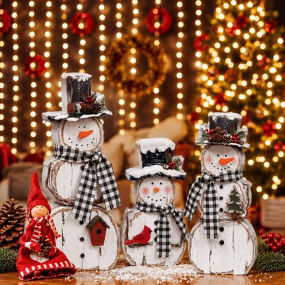 Christmas Snowman Table Decorations Set with Pine Top Hat - Rustic Winter Indoor Decor, 3 Pcs