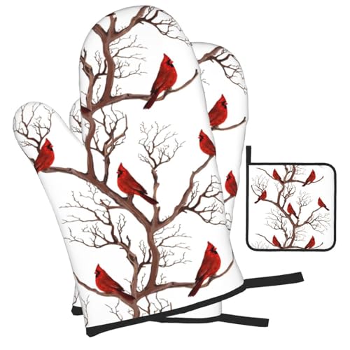Winter Cardinal Oven Mitts and Pot Holders Set - Birds Cardinal Variation