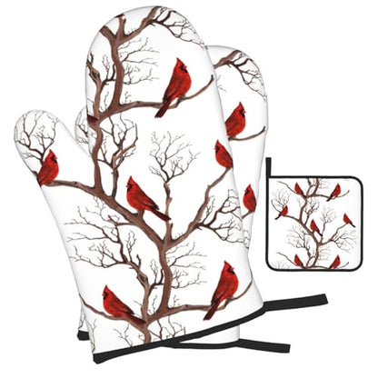 Winter Cardinal Oven Mitts and Pot Holders Set - Birds Cardinal Variation