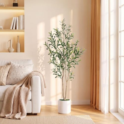 Artificial Olive Tree 5FT with White Planter - Faux Indoor Plant, Green
