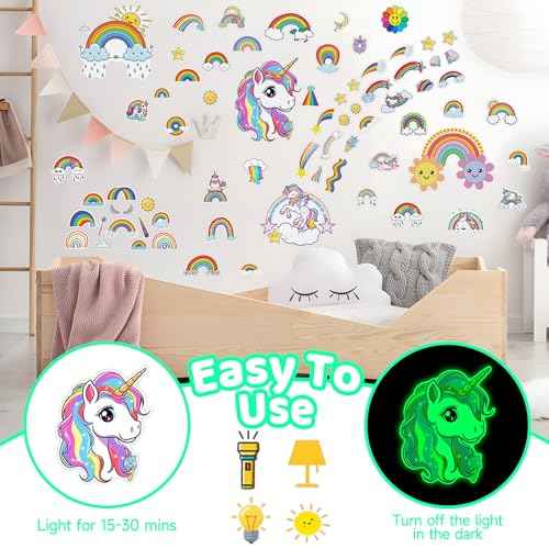 Glow in The Dark Unicorn and Rainbow Wall Decals, Stars Stickers for Baby Girls Room, Luminous Ceiling Decor for Bedroom Playroom Nursery