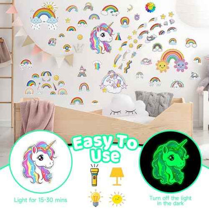 Glow in The Dark Unicorn and Rainbow Wall Decals, Stars Stickers for Baby Girls Room, Luminous Ceiling Decor for Bedroom Playroom Nursery