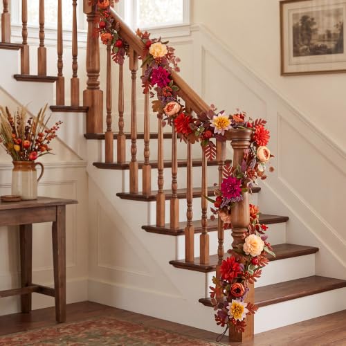 Fall Garland with Flowers for Mantle, 6ft Autumn Decorations for Home