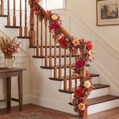 Fall Garland with Flowers for Mantle, 6ft Autumn Decorations for Home