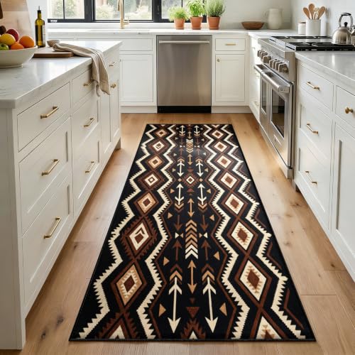 Boho Aztec Runner Rug 4x10 ft Southwestern Tribal Geometric Floor Mat - Black & Earth Tones