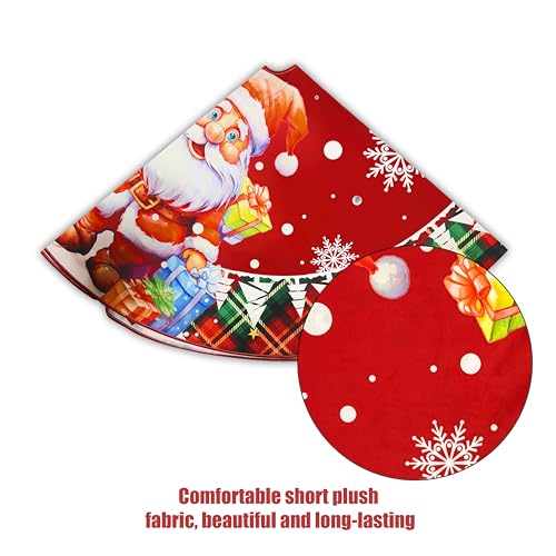 48 Inch Christmas Tree Skirt Green White Snowflake with Santa Red Buffalo Plaid Edge - 48" Plush