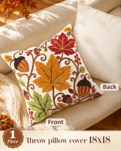 Fall Embroidered Throw Pillow Cover 18x18 Inch - Maple Acorn - Pack of 1