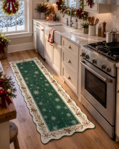 Lahome Green Christmas Bathroom Runner 2x6 Non Slip Washable Rug - Snowflake Edges