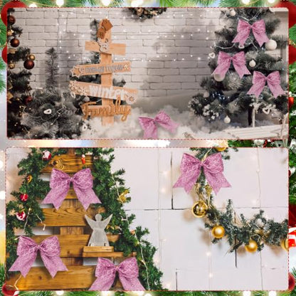 Pink Glitter Mesh Christmas Tree Bows - 12 Pack 6 Inch Holiday Decor