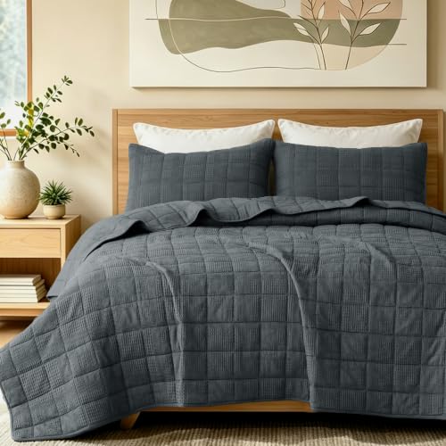 Oversized King Cotton Quilt Set Blue-Gray 120x120 with Pillow Shams - Fluffy Slumbers