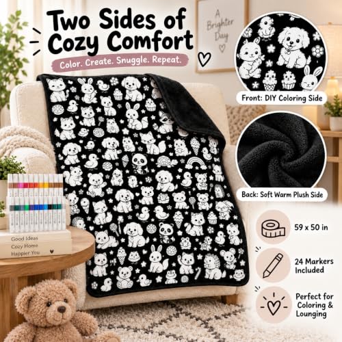 DIY Coloring Blanket with 24 Oil-Based Markers - 59x50in Soft Fabric