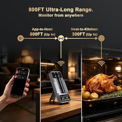 Wireless Meat Thermometer Digital with Bluetooth 800FT Range - Silver