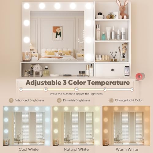 DUMOS Makeup Vanity Desk with Mirror and Lights - 15.6 x 38.1 x 53.9 in, 11 LEDs, 4 Shelves