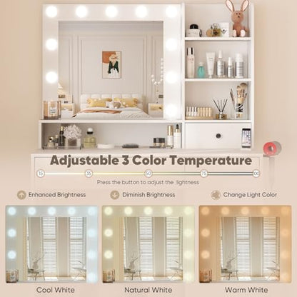 DUMOS Makeup Vanity Desk with Mirror and Lights - 15.6 x 38.1 x 53.9 in, 11 LEDs, 4 Shelves