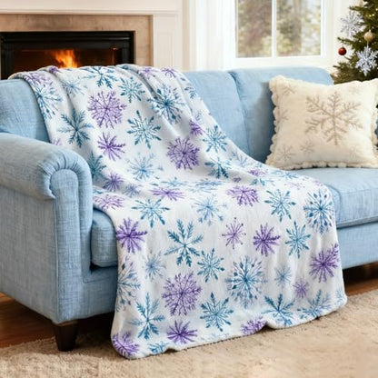 Christmas Snowflake Fuzzy Throw Blanket - Blue & Purple Watercolor Winter Decor, 50x60 Inch