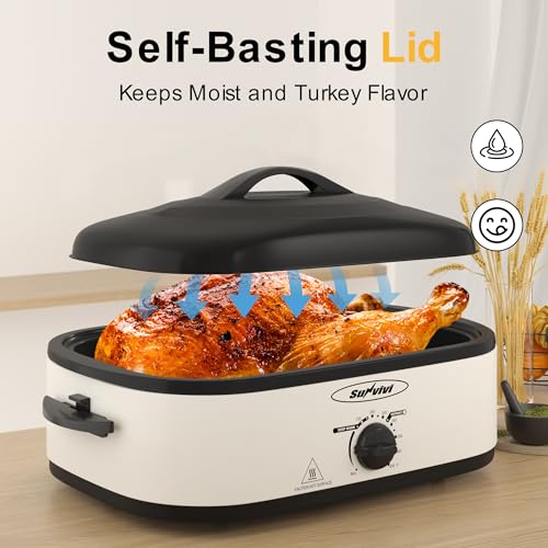14 Quart Electric Roaster Oven with Self-Basting Lid - Stainless Steel, White