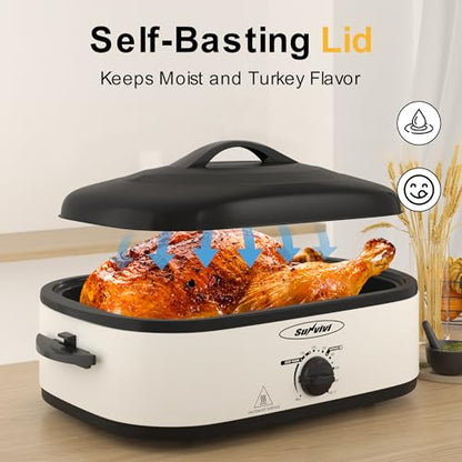 14 Quart Electric Roaster Oven with Self-Basting Lid - Stainless Steel, White