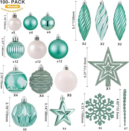 Assorted Mint Green Christmas Tree Ornaments Set - 100 Shatterproof Balls