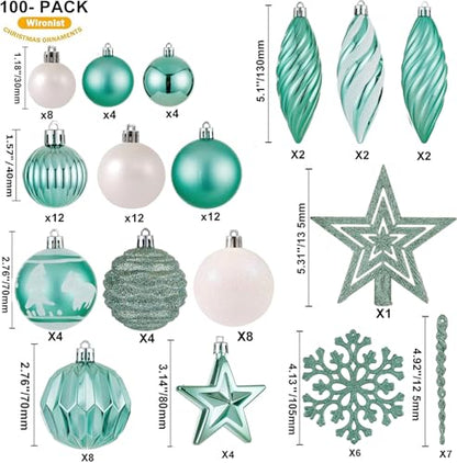 Assorted Mint Green Christmas Tree Ornaments Set - 100 Shatterproof Balls