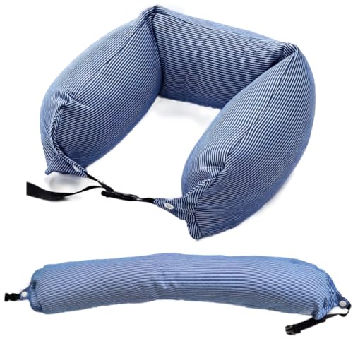 Travel Neck Pillow with Microbeads & Breathable Fabric - Blue Stripes