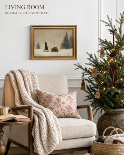 Christmas Wall Art - Vintage Winter Scene with Gold Frame, 12x16 Inch - Gift Sleigh Journey