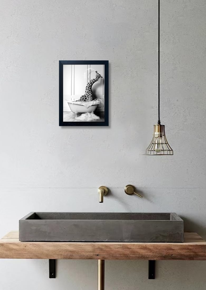Skiennix Framed Animal Wall Art - Funny Giraffe in Bathtub Canvas Print | Black and White Farmhouse Decor for Kids' Bathroom