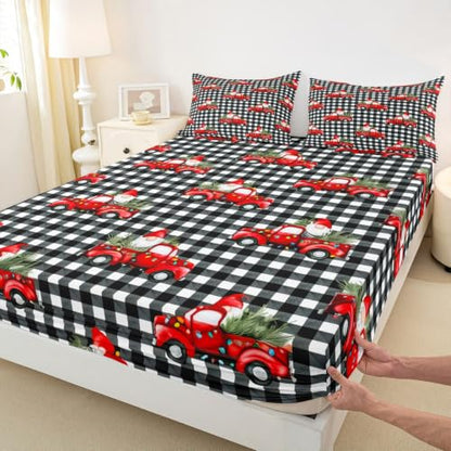 Manfei Buffalo Plaid Gnome Queen Fitted Sheet Set - Christmas Bedding, 16-Inch Deep Pockets