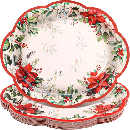 Christmas Disposable Oval Paper Plates with Poinsettia Design - 10x12 Inches, 24 Pack