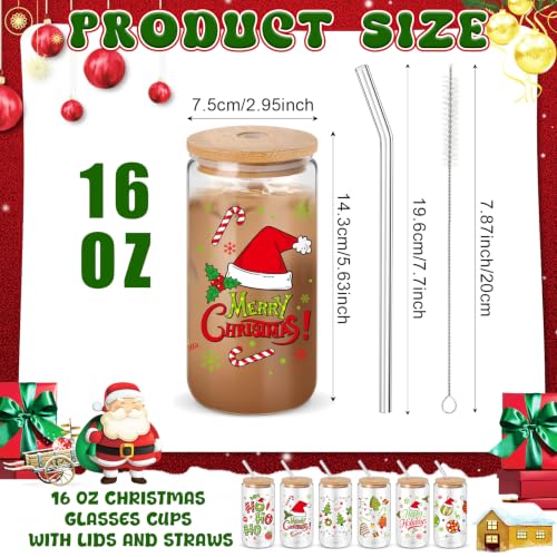 12-Pack Christmas Glass Cups Gift Set - 16oz Drink Jars with Straws & Lids - Vivid Holiday Styles