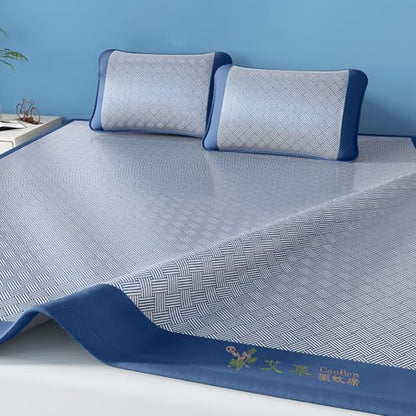 Blue Foldable Cooling Sleeping Mat with Pillowcase - 120x195cm Ice Silk Bed Pad