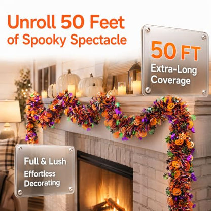 Halloween Metallic Tinsel Twist Garland - Orange and Purple Pumpkin Bat Spider Decorations - 50FT Indoor Outdoor Party Streamers - Halloween
