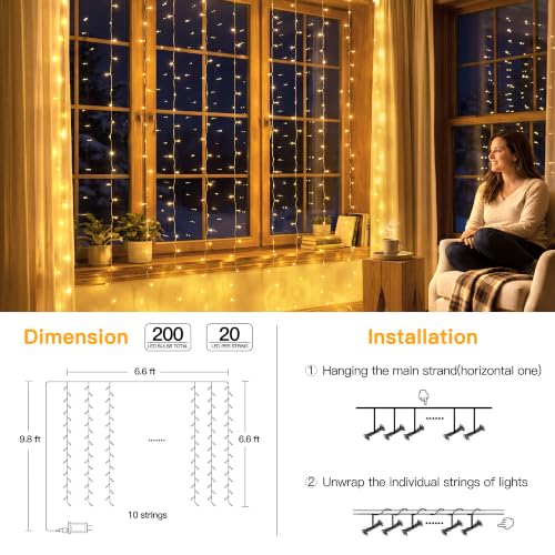 Ollny 200 LED Curtain Lights 6.6ft x 6.6ft Warm White String Lights with Remote