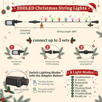 Multicolor LED Christmas Tree Lights 200 Bright Bulbs with Remote - 8 Modes